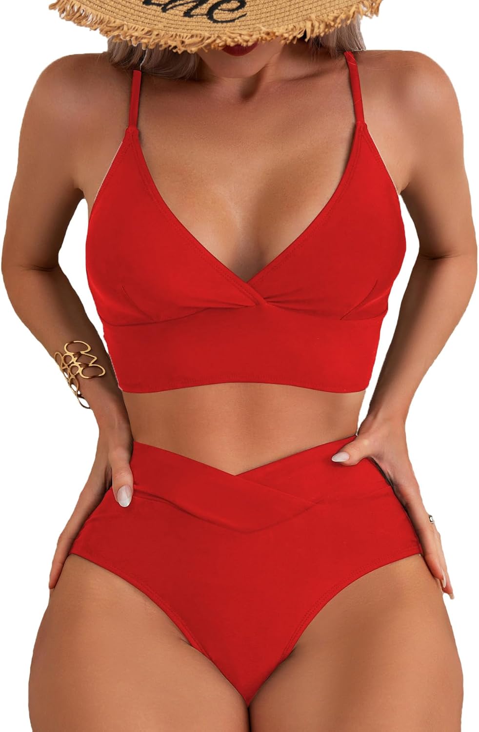 Limeeke Women's High Waisted Bikini Sets Cross V Neck Two Piece Swimsuit V Cut Bottom Bathing Suits